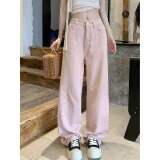 2198-P48粉色烫钻直筒牛仔裤女高腰显瘦宽松阔腿拖地长裤子，男装牛仔裤，电商A306A
