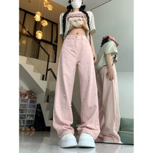 2199-P48美式韩版直筒阔腿裤打珠阔腿牛仔长裤女