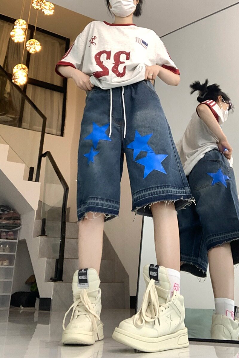 8418-P42美式高街五分裤女嘻哈潮牌宽松直筒阔腿牛仔中裤,女装牛仔裤,电商A306A