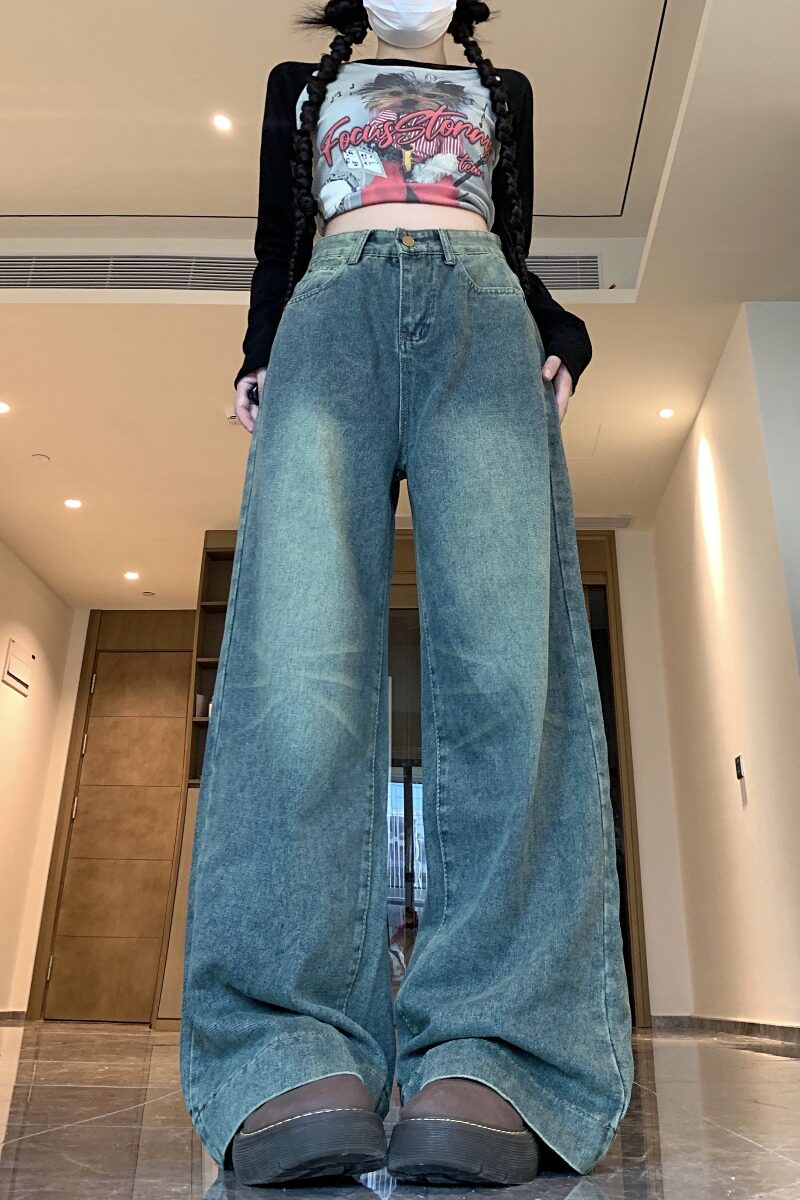 四季2025新款牛仔裤女秋季高腰宽松显瘦休闲做旧直筒拖地长裤,男装牛仔裤,电商A306A