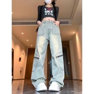 7992-P48  四季款复古直筒水洗做旧工装裤高腰显瘦牛仔裤子女长裤图片