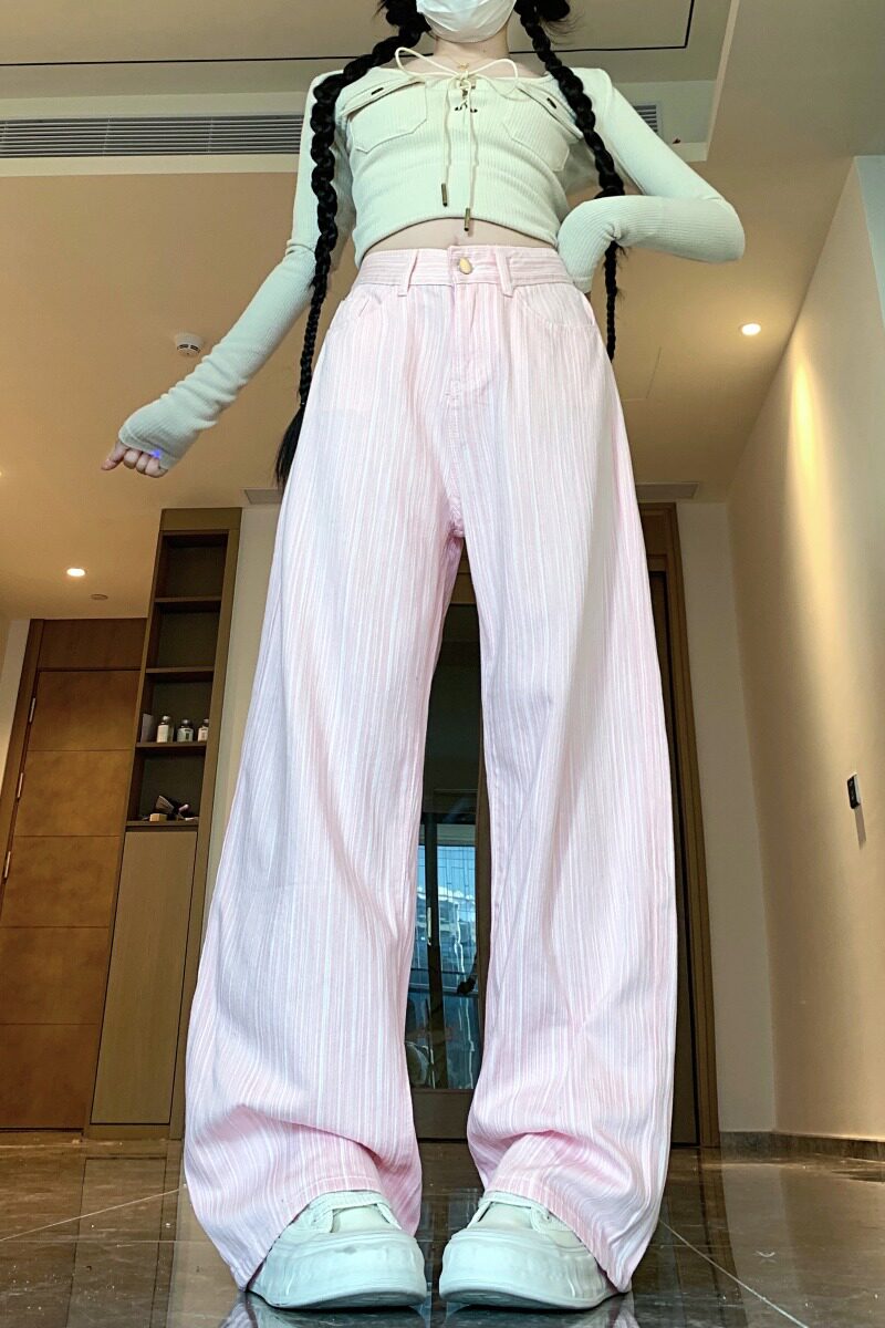 2025春装新款粉色牛仔裤女小众直筒裤设计感高腰阔腿拖地长裤,男装牛仔裤,电商A306A