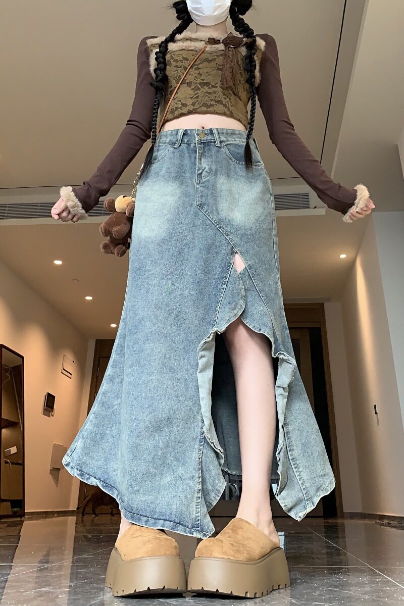 2025春夏季新款不规则牛仔半身裙女波浪开叉高腰鱼尾裙子,女装牛仔裤,电商A306A