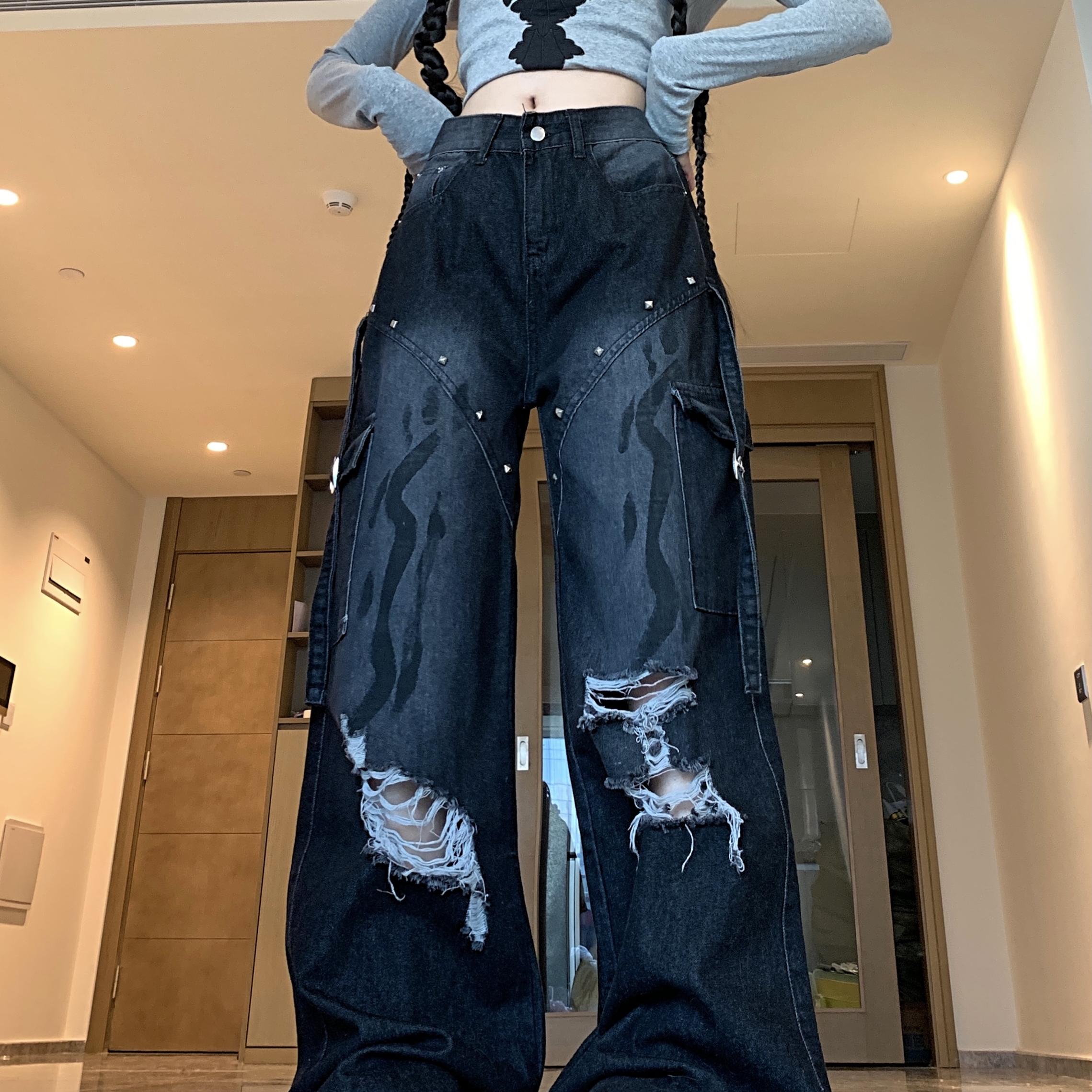 2025四季新款破洞牛仔裤新款显瘦高腰直筒宽松设计感工装裤子女,女装牛仔裤,电商A306A