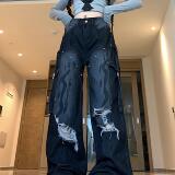 2025四季新款破洞牛仔裤新款显瘦高腰直筒宽松设计感工装裤子女，女装牛仔裤，电商A306A