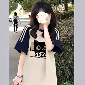 美式复古三条杠插肩短袖t恤女大童夏季初中高中学生宽松半袖上衣