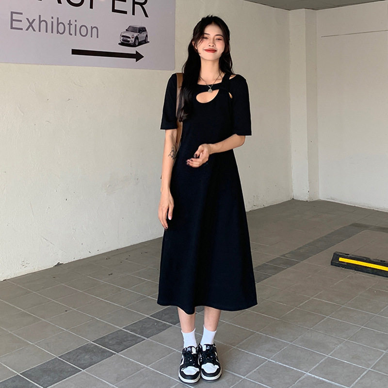 大码心机高级版短袖连衣裙女夏季新款胖mm法式镂空显瘦a字长裙子