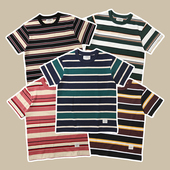 Emomo彩色条纹230g重磅日系复古中性男女拼色纯棉圆领短袖 T恤tee