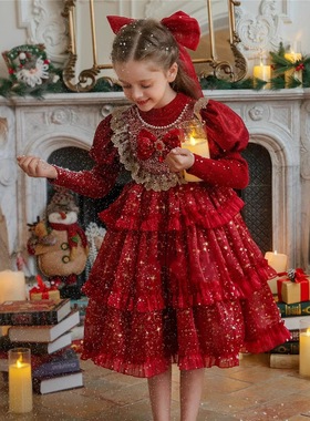 女童冬季新款公主裙圣诞新年礼服裙女宝宝蛋糕连衣裙红色气质纱裙