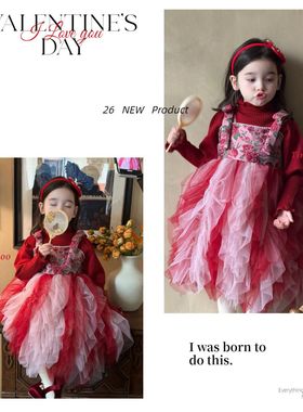 女童连衣裙冬季新款儿童公主裙加厚保暖拜年服红色宝宝衣服礼服裙