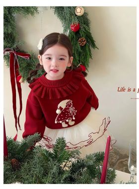 女童毛衣冬季新款儿童红色拜年服宝宝上衣加厚保暖衣服洋气童装