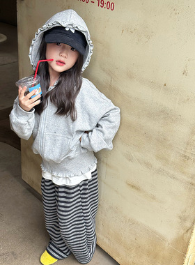 2025款中大小女童宝宝韩版甜美花边时髦气质百搭灰色卫衣外套