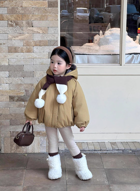 2025冬女童韩版黄色精灵帽防风加绒加厚风衣保暖加厚连帽面包棉服