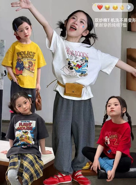 2026夏季新款儿童圆领卡通上衣红色复古动漫卡通宽松休闲百搭短袖