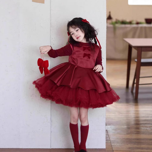 女童背心连衣裙春季新款丝绸缎面拼接网纱蓬蓬uu礼服公主裙