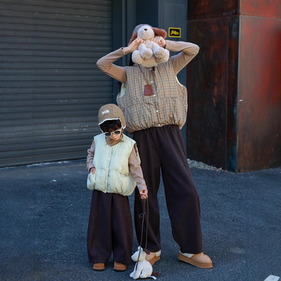 亲子装两面穿棉服马甲冬季新款背心母子母女装外套加绒阔腿裤套装