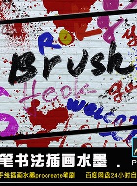 软笔书法Procreate纹理笔刷厚涂毛手绘插画水墨勾线泼墨绘画P4003