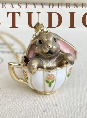 「茶杯兔项链」悦己精选可爱手工珐琅彩动物系列项链毛衣链