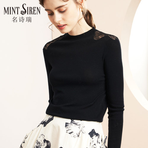 半高领修身纯羊毛蕾丝毛衣