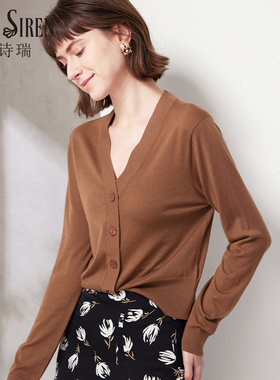 春季新品慵懒风V领纯羊毛针织开衫长袖薄毛衣短款外套简约基础款