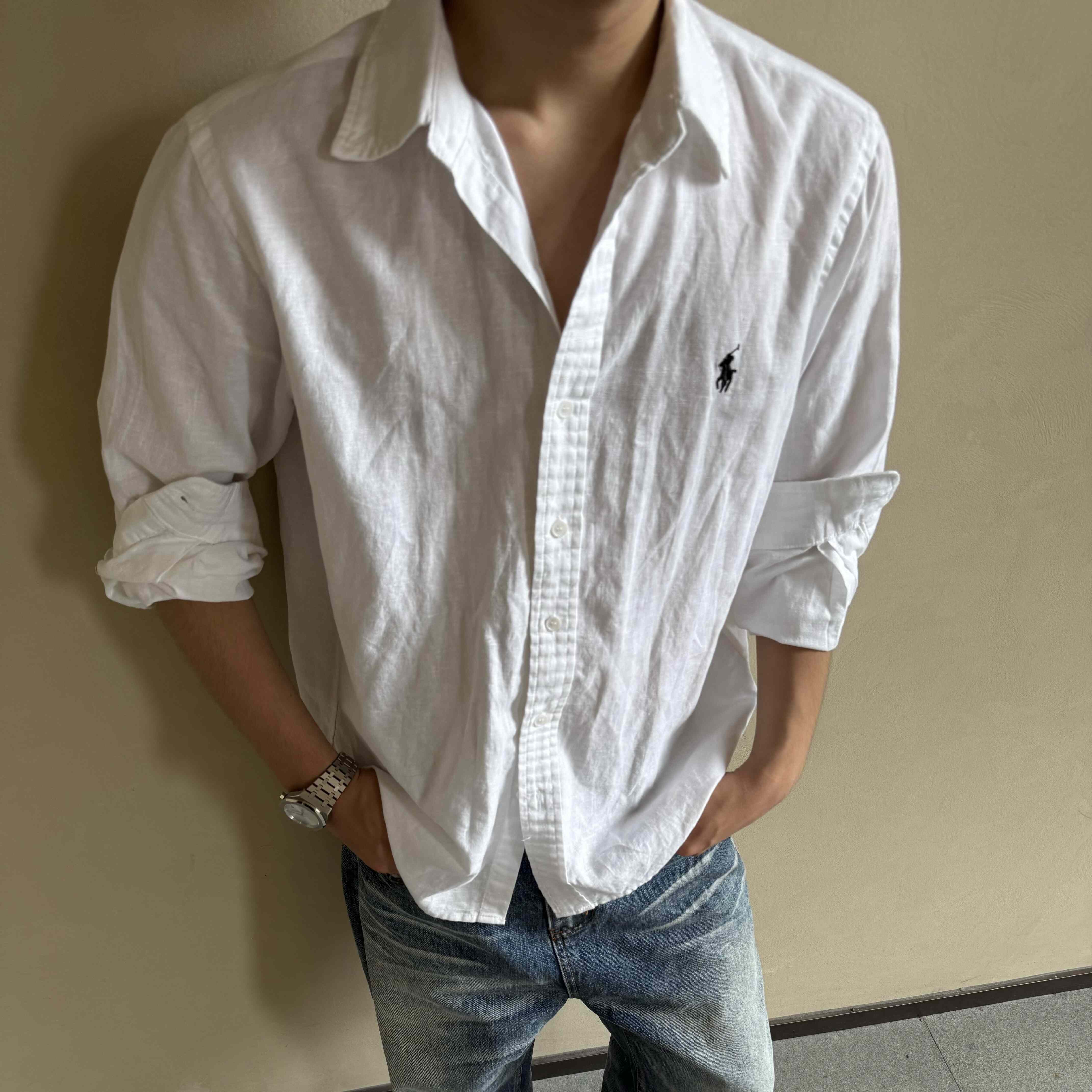 TZG白色老钱风RL小马棉麻衬衫男
