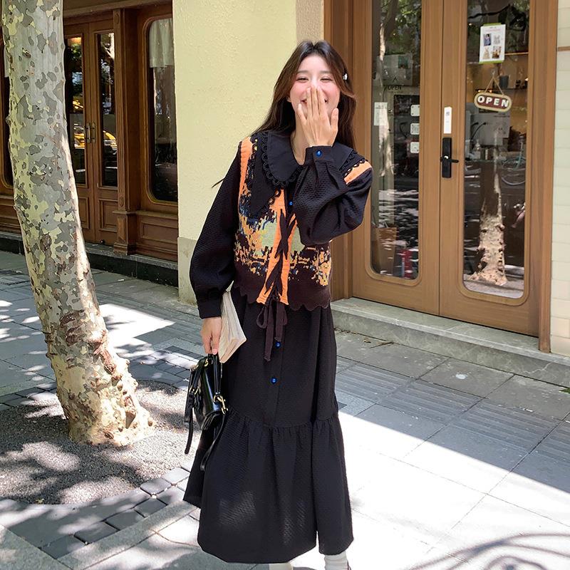 套B176FNB6装两件两套春秋装年新娃款减龄百黑色娃搭领马甲连衣裙