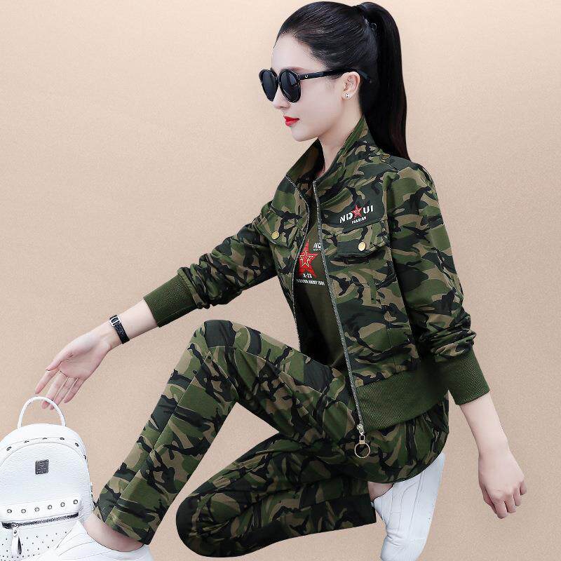 户迷彩服套装女春款短款工装85-2910卫衣外套洋显外瘦运气动休闲