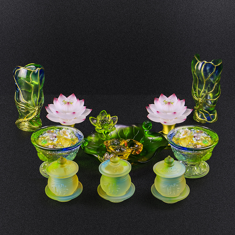 供佛一套 古法琉璃套装 供水杯 花瓶 烛台荷叶果盘供碗莲花灯家用