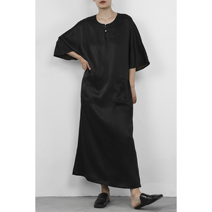 JUZININE原创设计 香云纱连肩连衣裙 真丝桑蚕丝短袖长裙