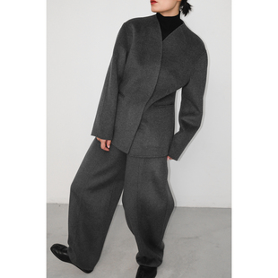 JUZININE原创设计90%羊毛10%羊绒双面呢收腰手工小立领毛呢外套