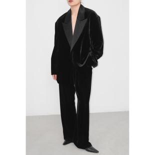 JUZININE原创设计真丝绒拼接西装 重磅真丝桑蚕丝超宽肩无扣外套