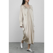 JUZININE· 长裙 宽松缎面法式 V领褶皱真丝连衣裙 桑蚕丝长袖