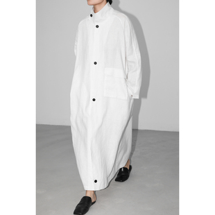 JUZININE原创设计纯汉麻风衣立领极简白色宽松休闲大麻长外套