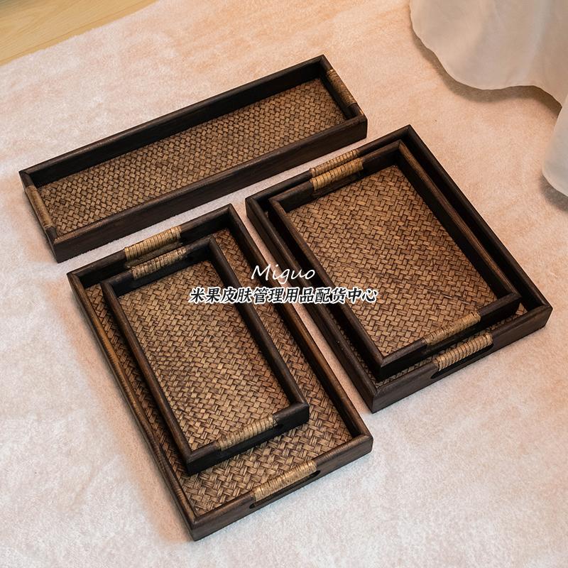 泰式藤编木质仿古平把收纳茶盘