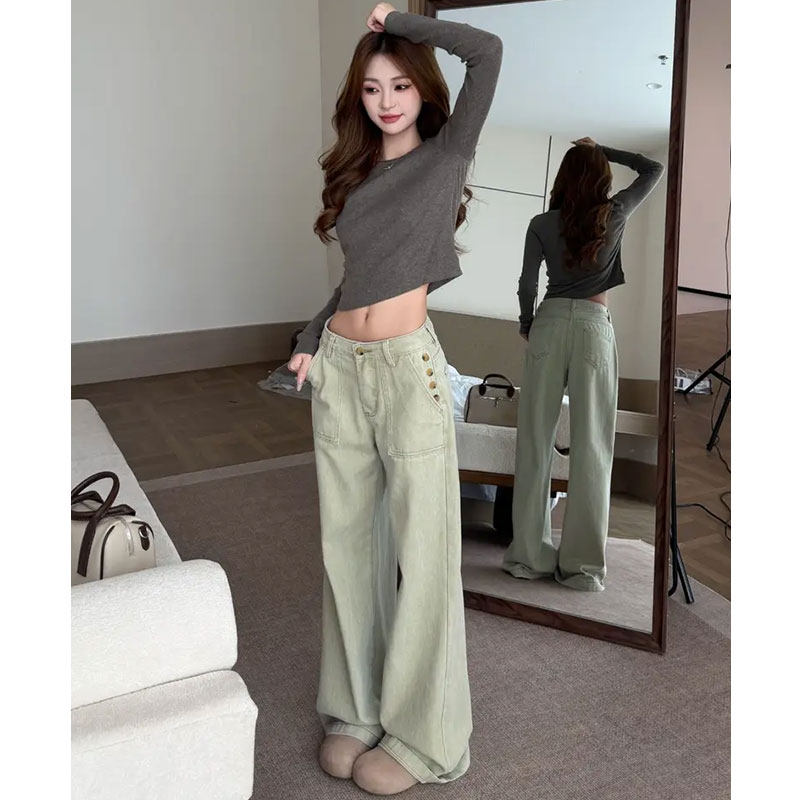 美式卡其色排扣低腰直筒牛仔裤女秋季2026新款燕麦色设计感阔腿裤