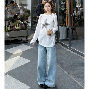 浅蓝色破洞阔腿牛仔裤女2026新款夏季薄款美式低腰水洗宽松直筒裤