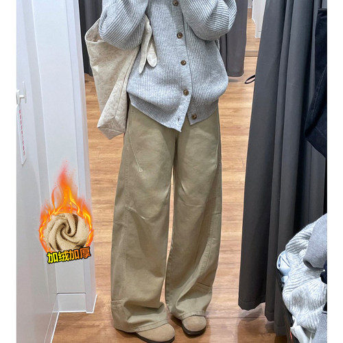 卡其色复古弯刀加绒牛仔裤女冬季