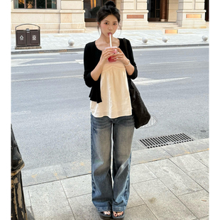 直筒牛仔裤 显瘦宽松拖地裤 女2026春季 美式 新款 复古蓝水洗低腰窄版