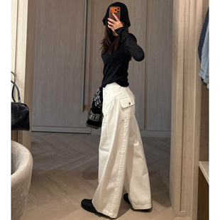 白色宽松阔腿弯刀牛仔裤女2026春季新款美式高腰垂感高级感直筒裤