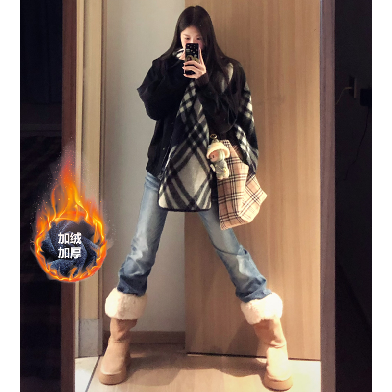 美式加绒加厚低腰窄版直筒牛仔裤