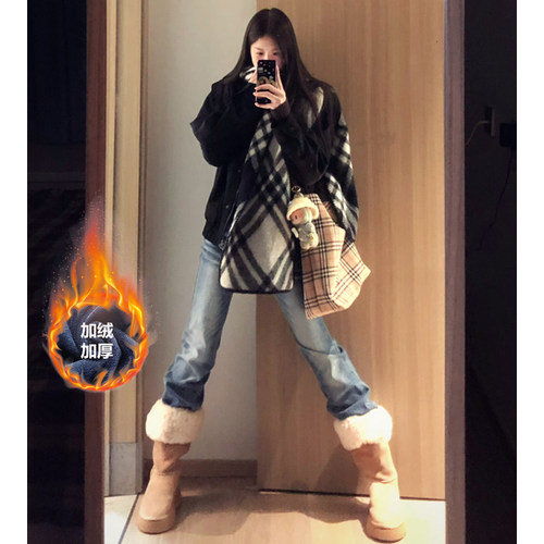 美式加绒加厚低腰窄版直筒牛仔裤