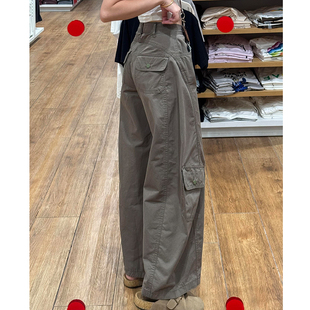 宽松显瘦百搭阔腿休闲裤 美式 女2025新款 裤 子 军绿色多口袋弯刀工装