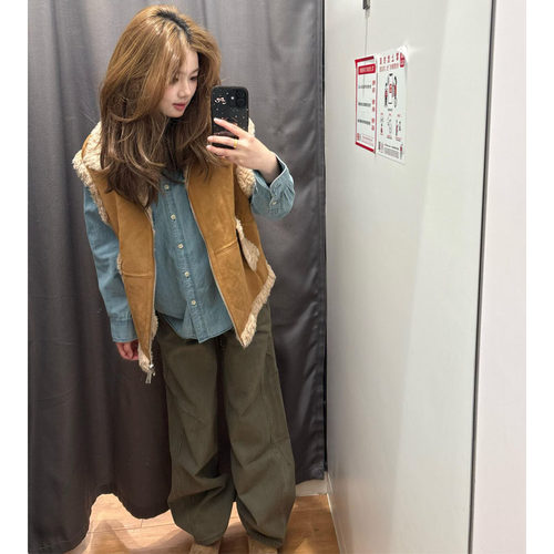 美式军绿色阔腿弯刀工装牛仔裤子