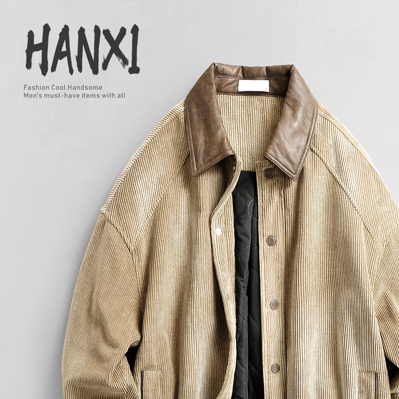2025美式复古风撞色宽松拼接痞帅外套男皮领灯芯绒棉衣男加厚保暖