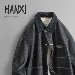 新款2025秋冬休闲极简高品质单宁灯芯绒翻领牛仔外套男宽松外套