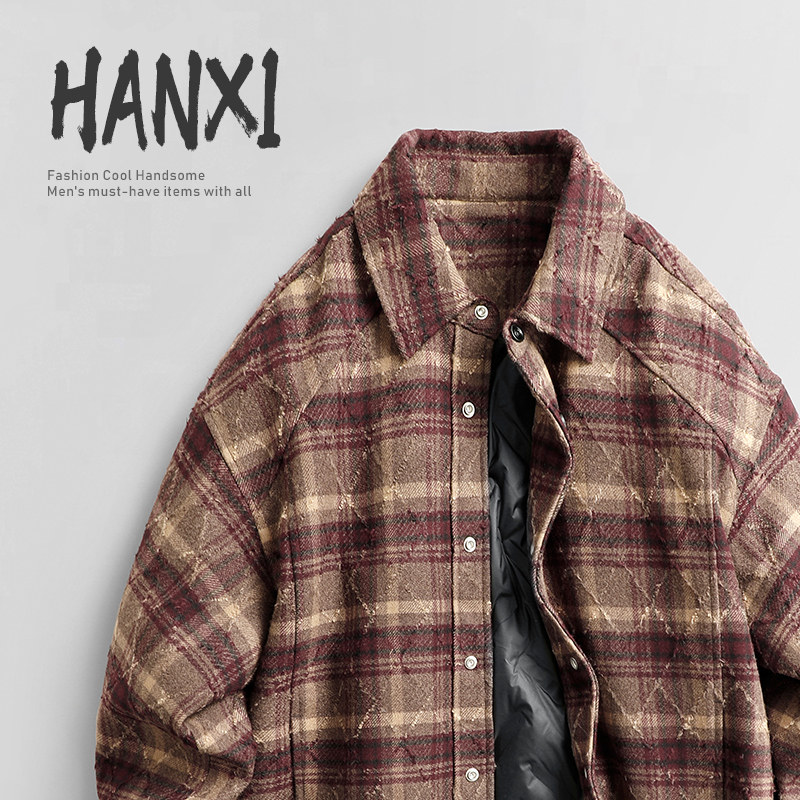 2025冬季老钱风90白鸭绒外套美式复古磨毛格子衬衫款加厚羽绒服男