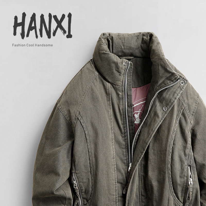 2025美式立领工装90白鸭绒加厚水洗棉夹克冬保暖羽绒服男结构设计