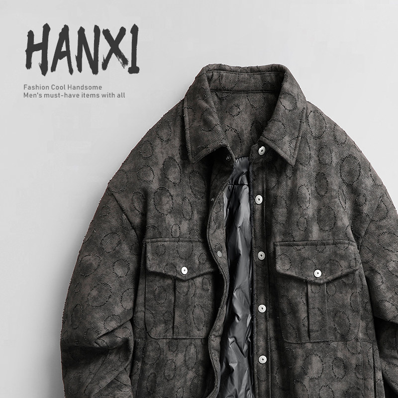 2025冬季新款潮牌个性复古提花牛仔羽绒服男士加厚白鸭绒衬衣外套