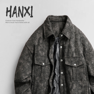 2025冬季新款潮牌个性复古提花牛仔羽绒服男士加厚白鸭绒衬衣外套