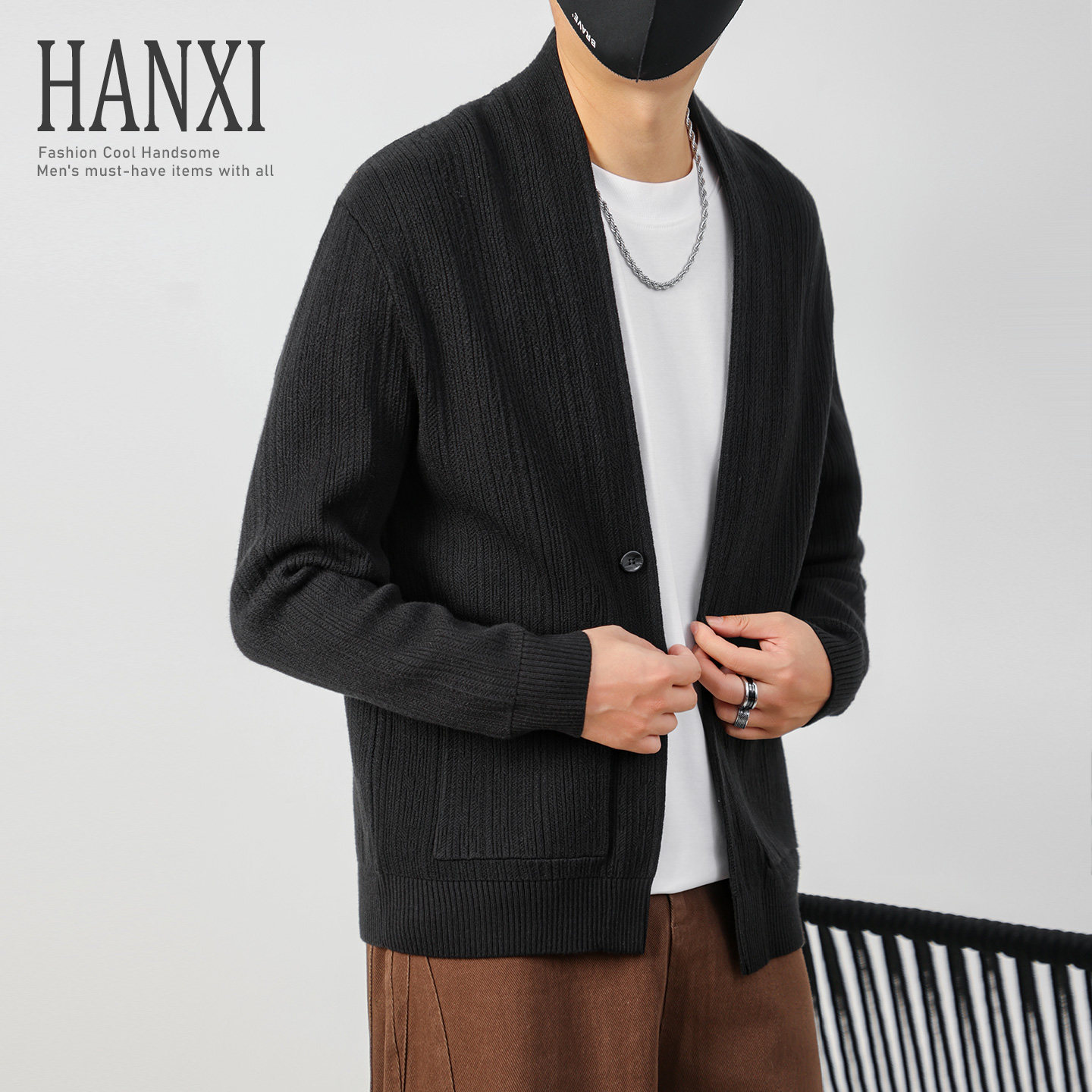 轻熟男黑色机理V领针织外穿开衫